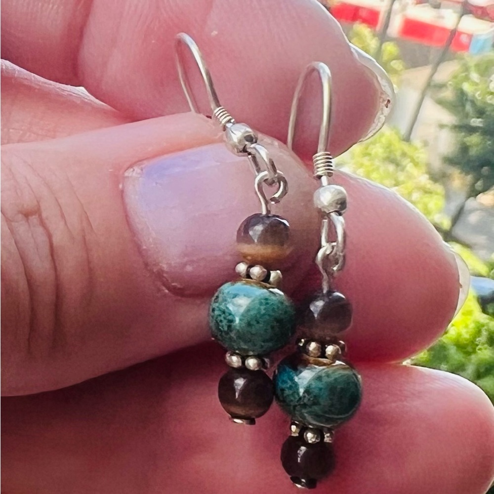 Tigers Eye & Green Stone(?) with Sterling Silver Dangly Earrings